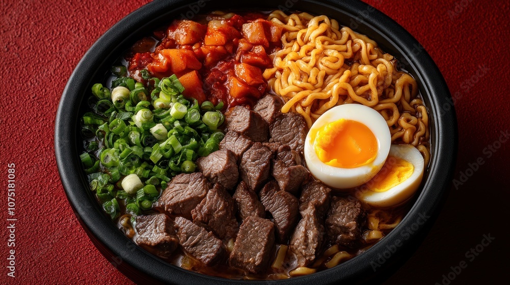A bowl of ramen noodles with beef, egg, and vegetables. A bowl of ramen noodles with beef, egg, and vegetables.