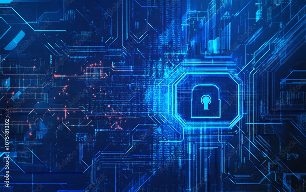Blue digital background vector illustration of a security lock on a laptop computer, a data protection concept Blue digital background vector illustration of a security lock on a laptop computer, a data protection concept