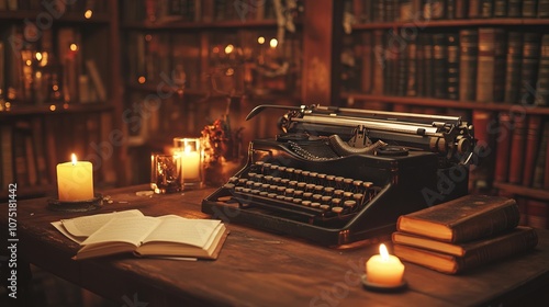 Vintage typewriter on a wooden desk surrounded by candles and books in an old library. AI generated illustration