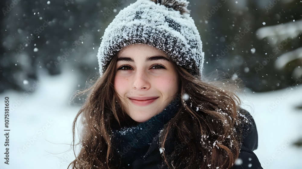 Joyful Winter Girl Smiling Snowy Background Warm Knit Hat Joyful Winter Girl Smiling Snowy Background Warm Knit Hat