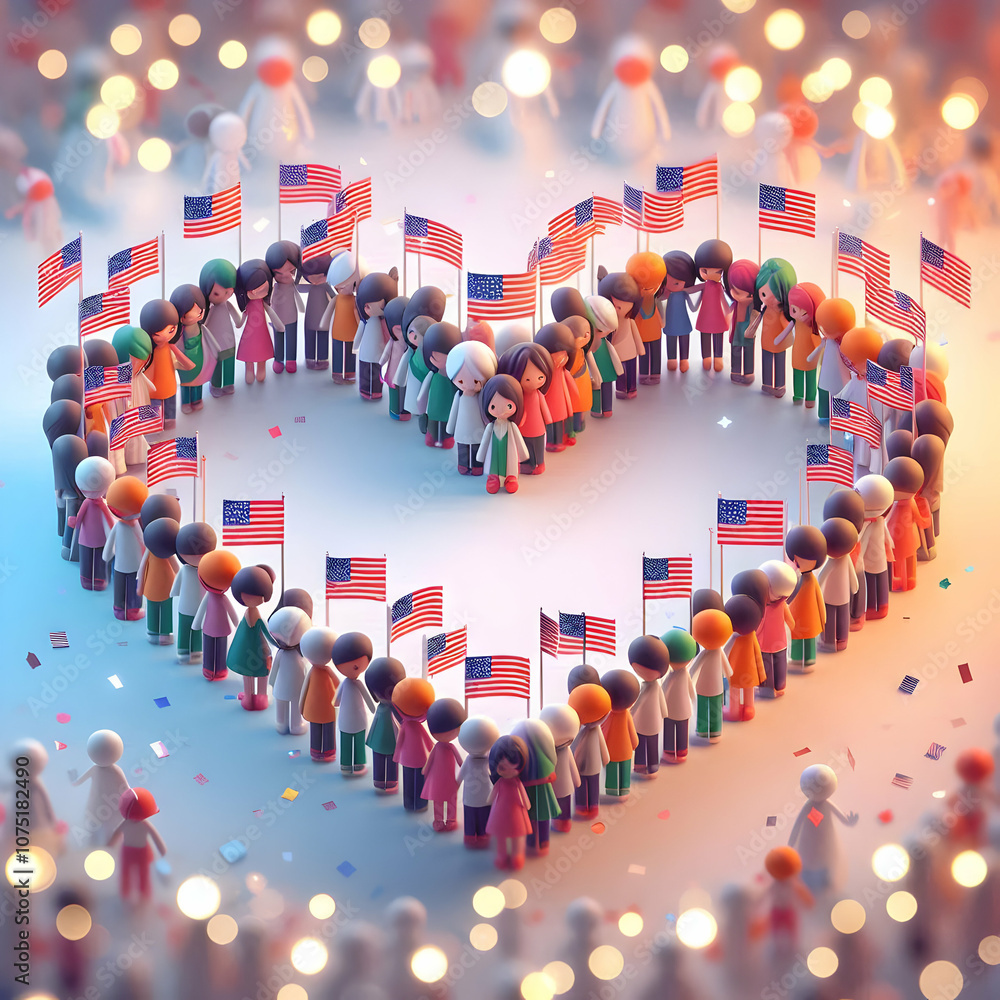 Obraz premium 3D Bokeh Digital Art People Heart Shape Flags Unity Love Nation Republic Day Ample Copy Space Top Cute Chibi Icon Isolated White Background