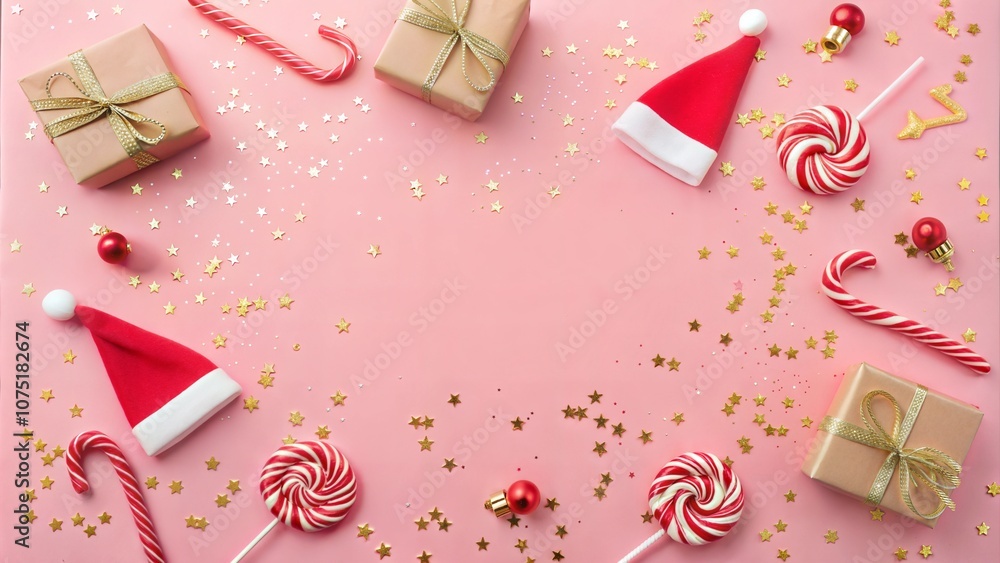 Christmas or New Year background or card, festive Christmas decoration with gifts, candy canes and Santa hats on pink background with empty space for text Christmas or New Year background or card, festive Christmas decoration with gifts, candy canes and Santa hats on pink background with empty space for text