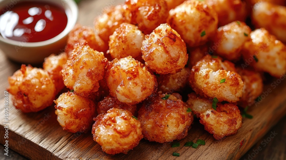 Crispy and Golden Potato Balls with Dipping Sauce, Perfect for Appetizers or Snacks, Accompanied by Tangy Ketchup on a Rustic Wooden Board Crispy and Golden Potato Balls with Dipping Sauce, Perfect for Appetizers or Snacks, Accompanied by Tangy Ketchup on a Rustic Wooden Board