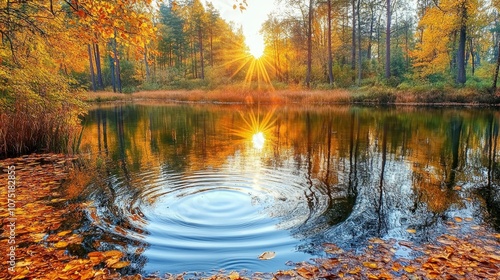 Serene forest pond surrounded by autumn leaves and gentle ripples in nature s embrace photo