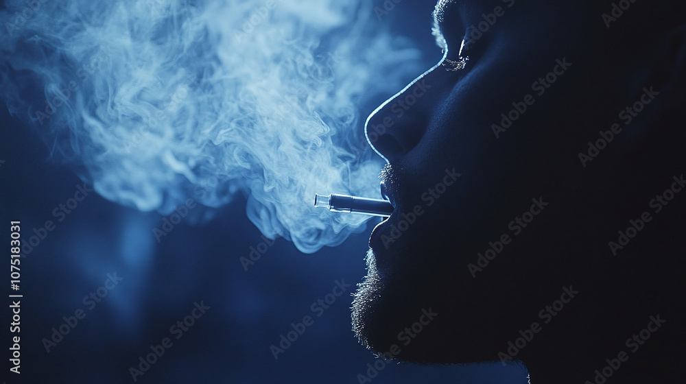 Close-up of a person exhaling smoke from an electronic cigarette against a dark background. Close-up of a person exhaling smoke from an electronic cigarette against a dark background.