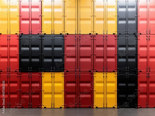 Vibrant wall of shipping containers in bold colors. photo