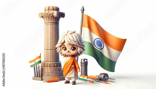 3D Vector Ashoka Pillar Emblem National Emblem India Authority Heritage Republic Day Infographics Official Designs Cute Chibi Icon Isolated White Background Detailed Illustration photo