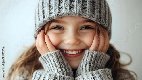 Joyful Girl Smiling Warm Knit Hat Cozy Sweater Bright Eyes Innocent Happiness