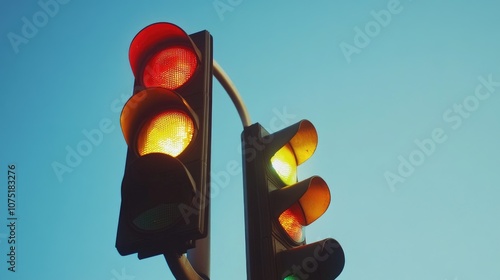 Traffic lights displaying red, orange, and green colors against a clear sky, illuminated and signaling different traffic commands during daytime conditions