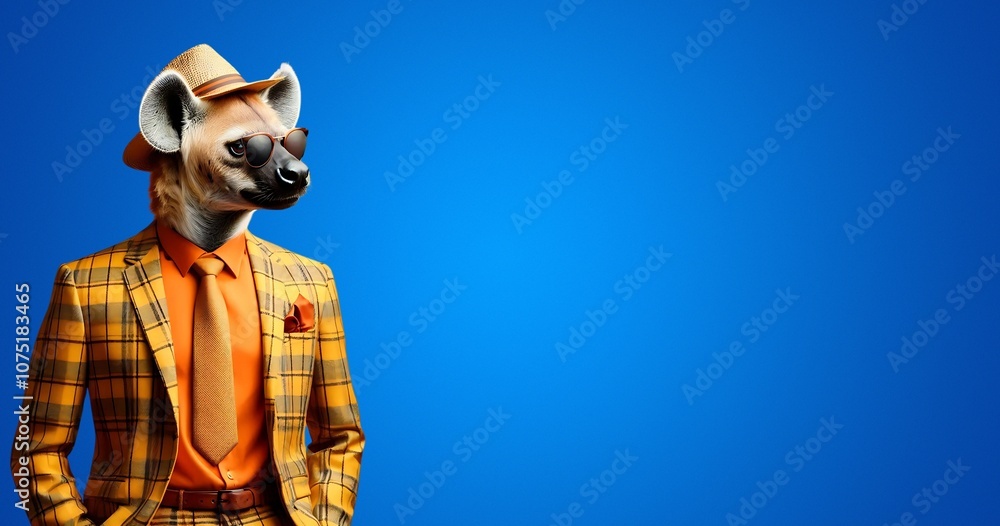 Fox Wolf wearing cool funky fashion dress with sunglasses posing in studio wide banner, stylish Fox Wolf animal Fox Wolf wearing cool funky fashion dress with sunglasses posing in studio wide banner, stylish Fox Wolf animal