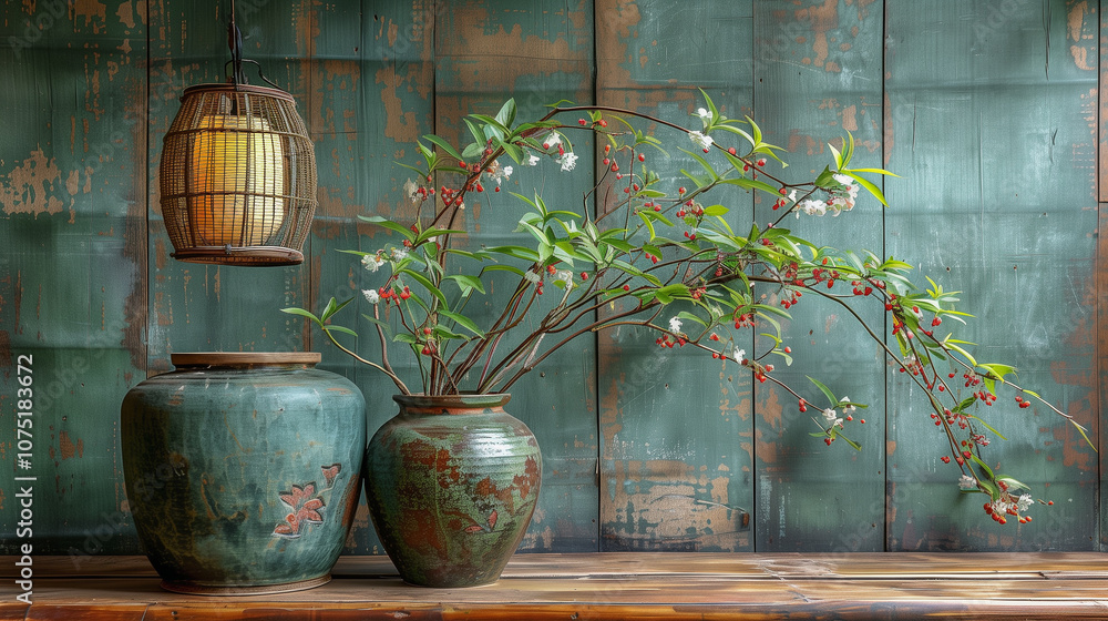 Rustic Decor with Ceramic Vases, Branches, and Lantern on Wooden Table.. Rustic Decor with Ceramic Vases, Branches, and Lantern on Wooden Table..