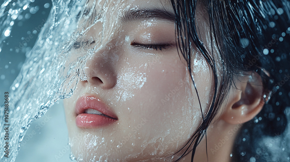 Fashion commercial advertisement. Radiant natural skin asian woman washing her face with water pouring down for facial aesthetic skincare ad. copy text space Fashion commercial advertisement. Radiant natural skin asian woman washing her face with water pouring down for facial aesthetic skincare ad. copy text space