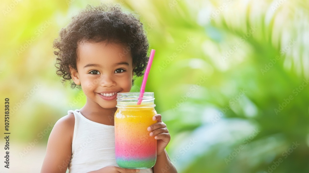 Smiling child enjoying a colorful drink in a sunny garden. Smiling child enjoying a colorful drink in a sunny garden.