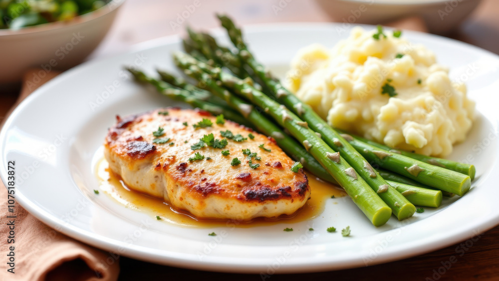 A plate with Mary's chicken, mashed potatoes, and asparagus. A plate with Mary's chicken, mashed potatoes, and asparagus.