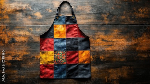 Colorful patchwork apron on a wooden surface.