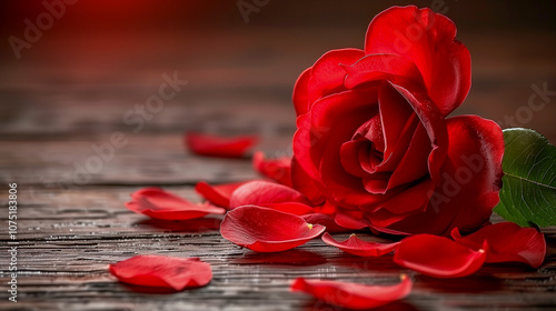 Romantic Red Rose with Scattered Petals on Wooden Surface..