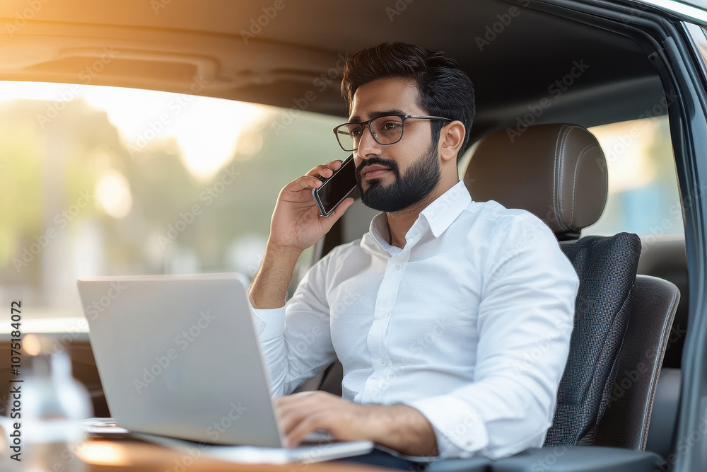 Young indian businessman sits talking on the phone and working with a laptop in the car. Young indian businessman sits talking on the phone and working with a laptop in the car.