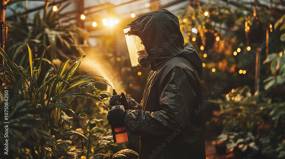 Gardener wearing protective clothing spraying insecticide on plants during golden hour Gardener wearing protective clothing spraying insecticide on plants during golden hour