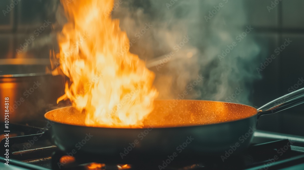 A fiery cooking scene featuring a pan on a stove, fire flames and steam, highlighting the excitement of culinary techniques. A fiery cooking scene featuring a pan on a stove, fire flames and steam, highlighting the excitement of culinary techniques.