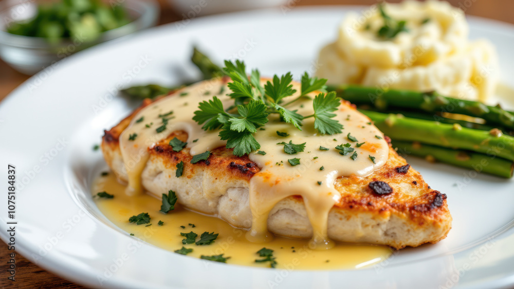 Delicious marinated chicken with cheesy sauce on top and garnished with fresh green herbs. Delicious marinated chicken with cheesy sauce on top and garnished with fresh green herbs.