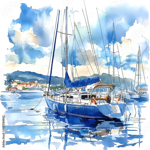 Watercolor Painting of a Sailboat Docked in a Harbor.
