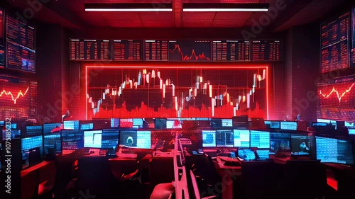 Two men working at their desks in a dark room lit by red lighting, looking at many computer screens showing stock market data charts, graphs, and numbers.