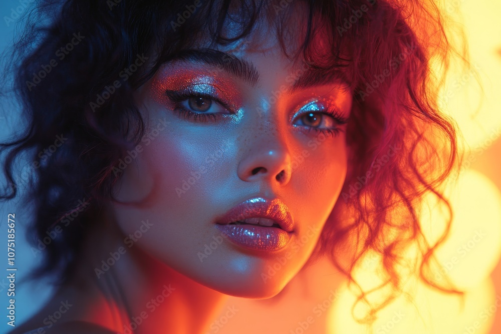 Portrait of a woman with bright makeup in neon shades. Makeup artist, cosmetics, beauty and fashion Portrait of a woman with bright makeup in neon shades. Makeup artist, cosmetics, beauty and fashion