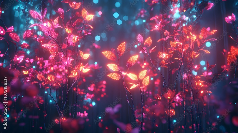 A digital forest of illuminated, metallic trees with neon leaves, creating an eerie yet beautiful sci-fi landscape filled with surreal, glowing flora. No text, no logo, wide angle shot, 4k A digital forest of illuminated, metallic trees with neon leaves, creating an eerie yet beautiful sci-fi landscape filled with surreal, glowing flora. No text, no logo, wide angle shot, 4k