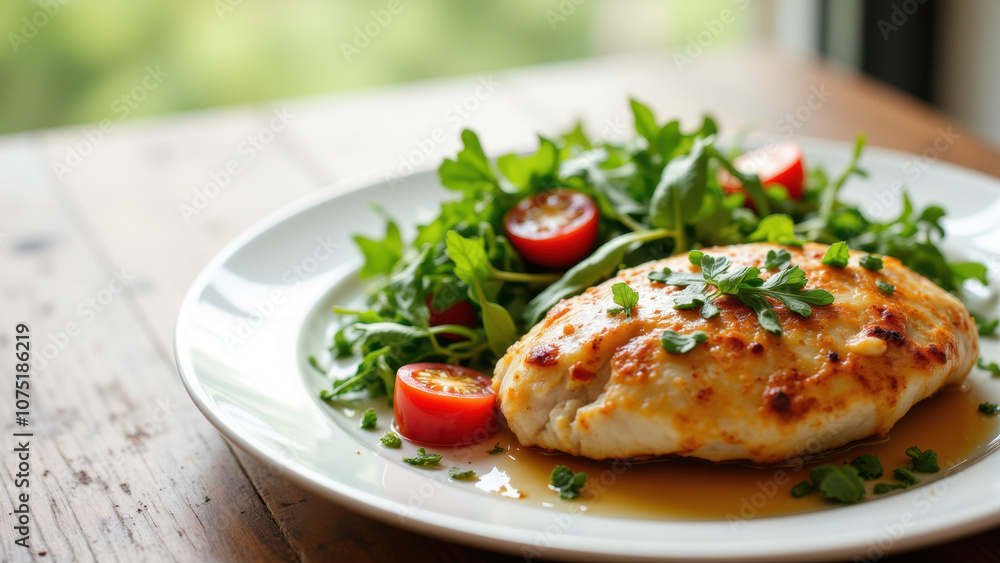 Tasty-looking Mary's Chicken with fresh salad on a white plate. Tasty-looking Mary's Chicken with fresh salad on a white plate.