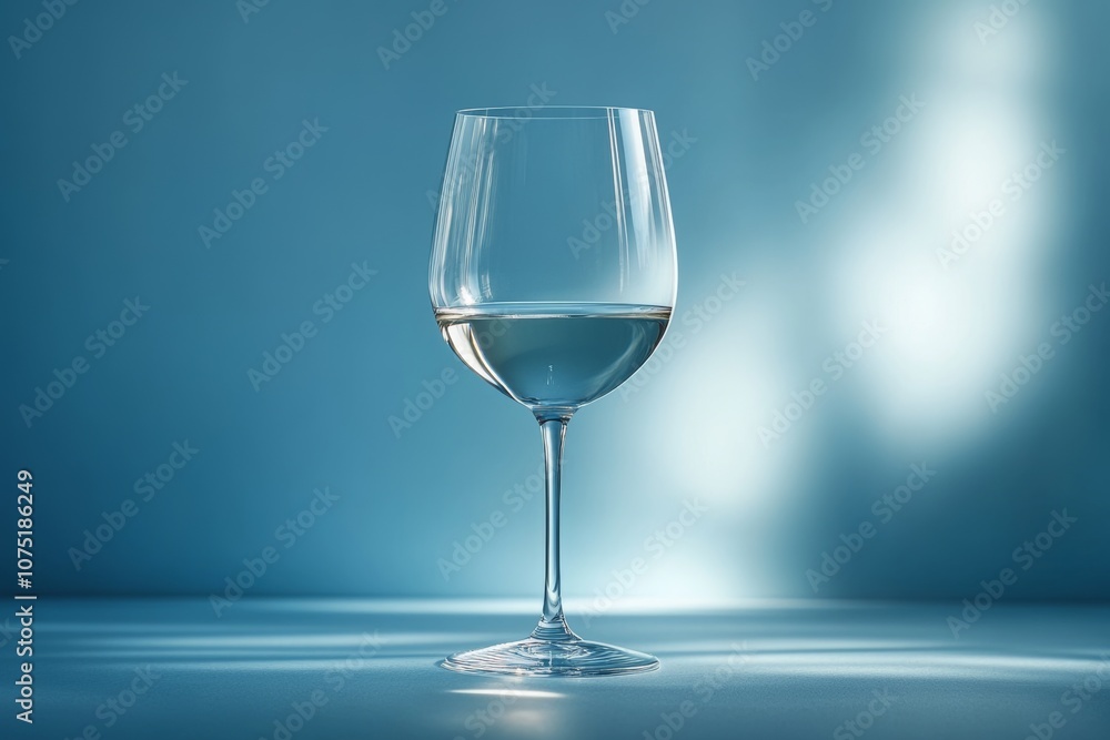Glass of white wine on table on blue background. Tableware for alcoholic drinks, wine, champagne Glass of white wine on table on blue background. Tableware for alcoholic drinks, wine, champagne