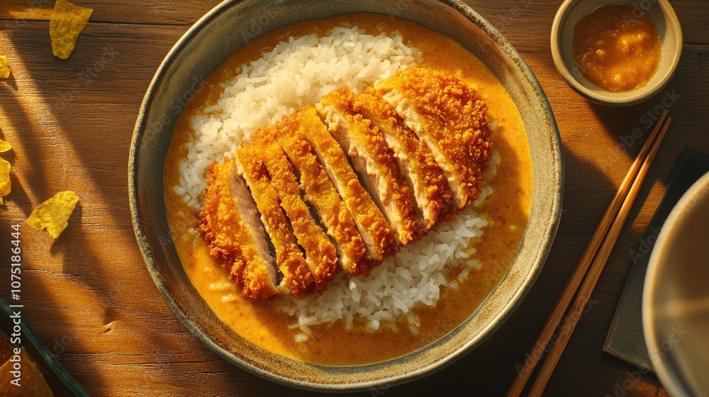 Deliciously Tempting Crispy Chicken Cutlet Served Over Steamed Rice in Rich Golden Sauce on Rustic Wooden Table with Soft Natural Lighting Deliciously Tempting Crispy Chicken Cutlet Served Over Steamed Rice in Rich Golden Sauce on Rustic Wooden Table with Soft Natural Lighting