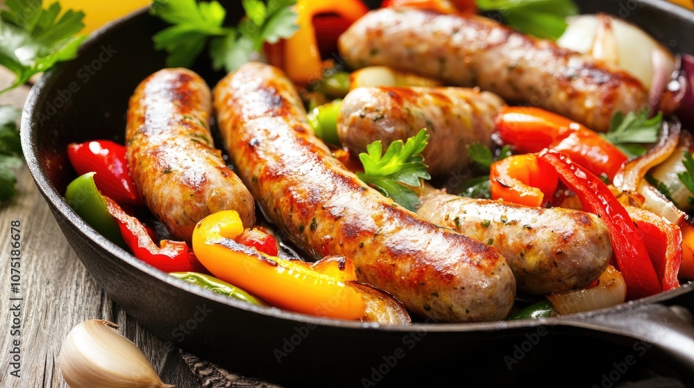 Sizzling Sausages on a Skillet Surrounded by Colorful Peppers and Fresh Herbs Ready for a Delicious Meal in a Rustic Kitchen Setting Sizzling Sausages on a Skillet Surrounded by Colorful Peppers and Fresh Herbs Ready for a Delicious Meal in a Rustic Kitchen Setting