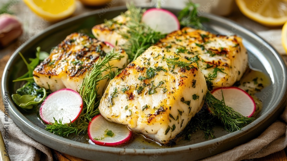 Grilled Fish Fillets on a Plate Garnished with Fresh Herbs, Sliced Radishes, and Lemon on a Rustic Wooden Table Grilled Fish Fillets on a Plate Garnished with Fresh Herbs, Sliced Radishes, and Lemon on a Rustic Wooden Table