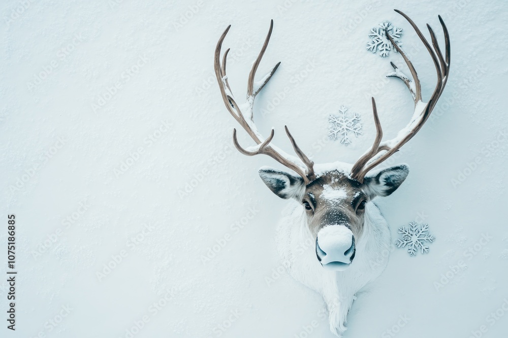A mounted reindeer head against a snowy background with decorative snowflakes. A mounted reindeer head against a snowy background with decorative snowflakes.