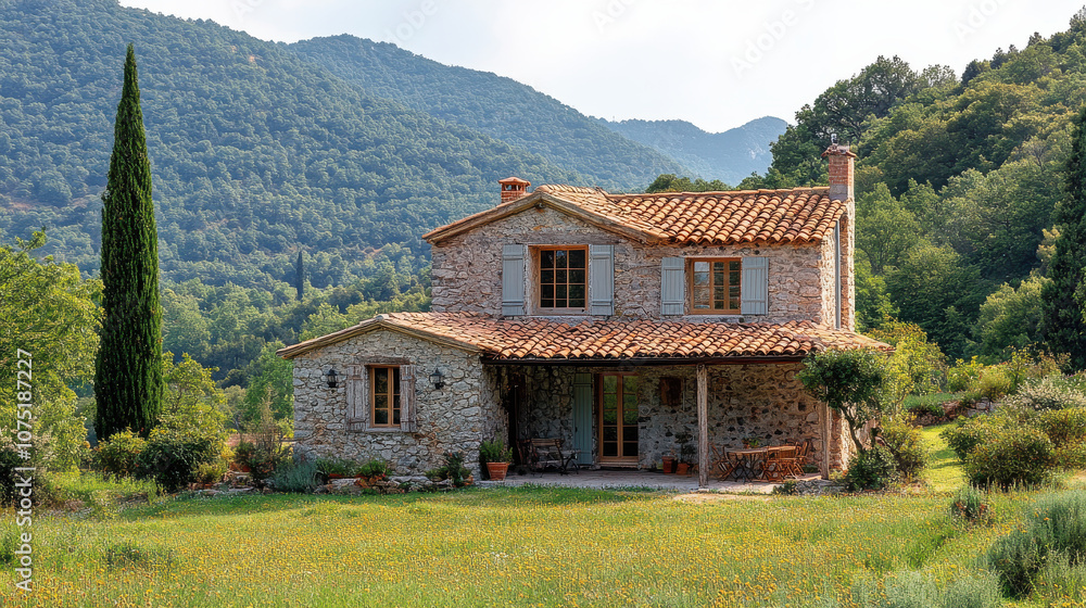 charming small house nestled in European countryside, surrounded by lush greenery and mountains. rustic stone exterior and terracotta roof create cozy atmosphere charming small house nestled in European countryside, surrounded by lush greenery and mountains. rustic stone exterior and terracotta roof create cozy atmosphere