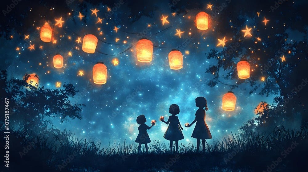 Obraz premium Watercolor scene of Muslims exchanging Eid greetings and gifts, with festive lanterns and flowers, celebrating the end of Ramadan