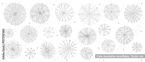 Set of cute snowflake icons on isolated background New Year ornament Symbols for mobile apps and website design. Flat snowflake icons, silhouette.