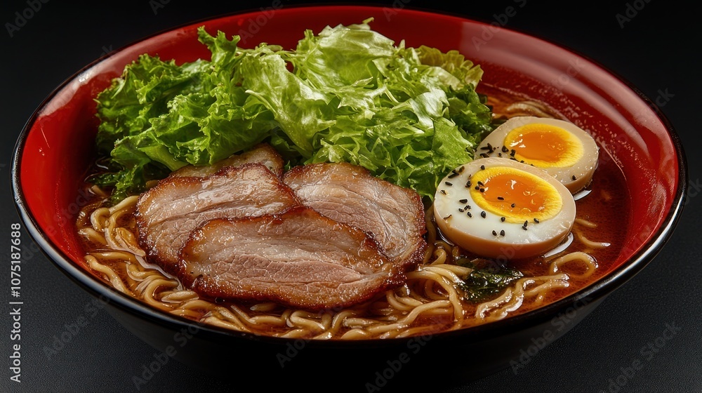 A bowl of ramen with noodles, pork, eggs, and lettuce. A bowl of ramen with noodles, pork, eggs, and lettuce.