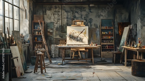 An artist s workshop with various tools, paints, and unfinished canvases scattered around, and the artist deeply focused on their current piece. No text, no logo, wide angle shot, cinematic scene, 4k photo