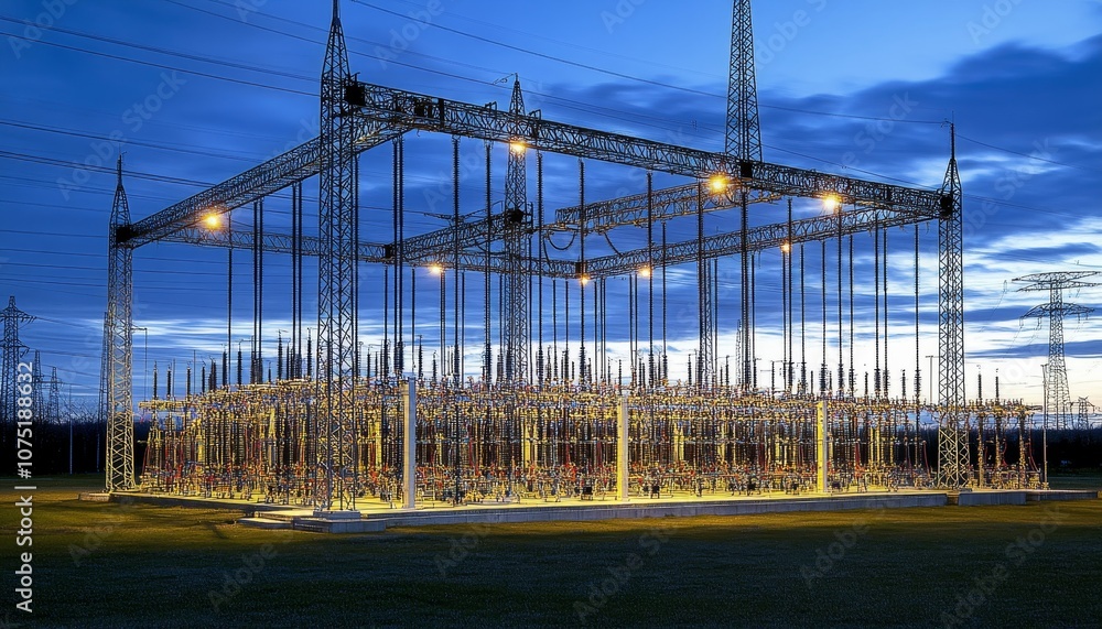 Fototapeta premium Power Distribution Center at Dusk A Web of Energy Infrastructure Against a Colorful Sky
