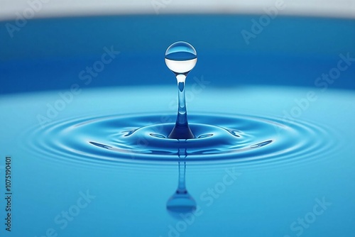 Captivating Water Drop Falling into Still Blue Water Creating Perfect Ripples and Reflections