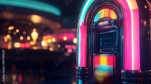 A close-up of a vintage juke box with colorful lights and retro designs, set in a dimly lit diner with reflections of neon signs. No text, no logo, wide angle shot, cinematic scene, 4k resolution