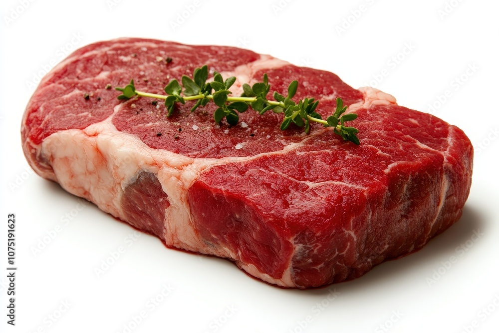 A fresh cut of marbled beef steak garnished with sprigs of thyme, showcasing its rich color and texture, ideal for grilling or roasting. A fresh cut of marbled beef steak garnished with sprigs of thyme, showcasing its rich color and texture, ideal for grilling or roasting.