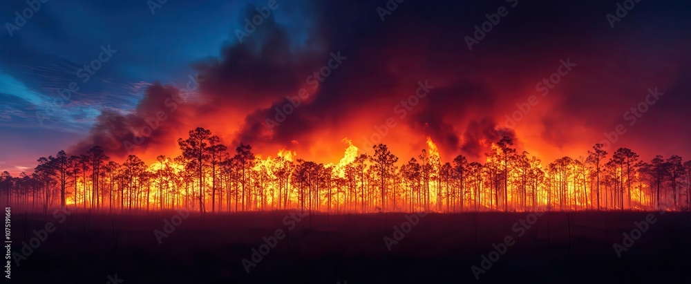 fiery inferno engulfing towering trees with vivid orange and red flames contrasting against dark smoke against a twilight sky natures fury captured in dramatic detail fiery inferno engulfing towering trees with vivid orange and red flames contrasting against dark smoke against a twilight sky natures fury captured in dramatic detail