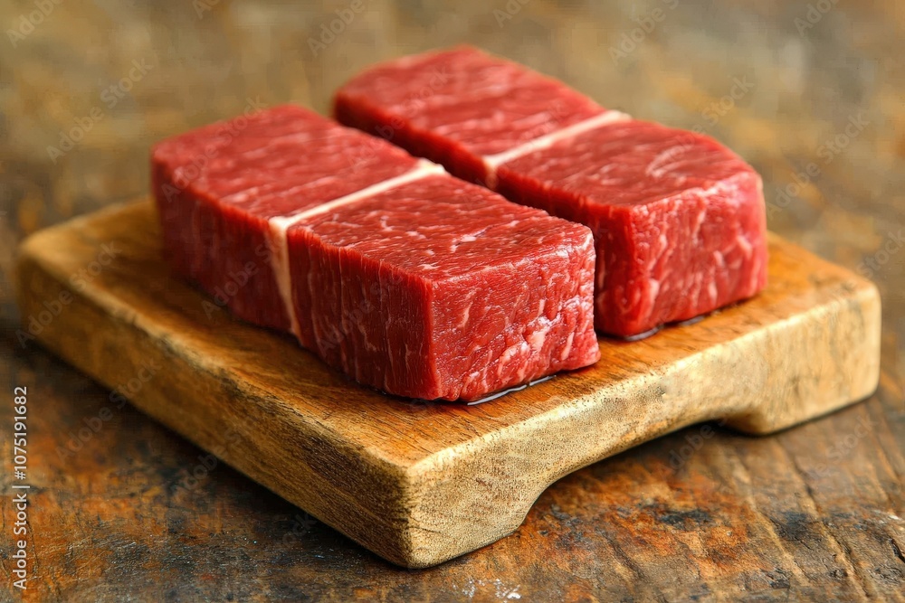 Fresh, red beef cuts are neatly arranged on a wooden cutting board, showcasing their quality and marbling, perfect for culinary uses. Fresh, red beef cuts are neatly arranged on a wooden cutting board, showcasing their quality and marbling, perfect for culinary uses.
