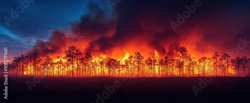 fiery inferno engulfing towering trees with vivid orange and red flames contrasting against dark smoke against a twilight sky natures fury captured in dramatic detail