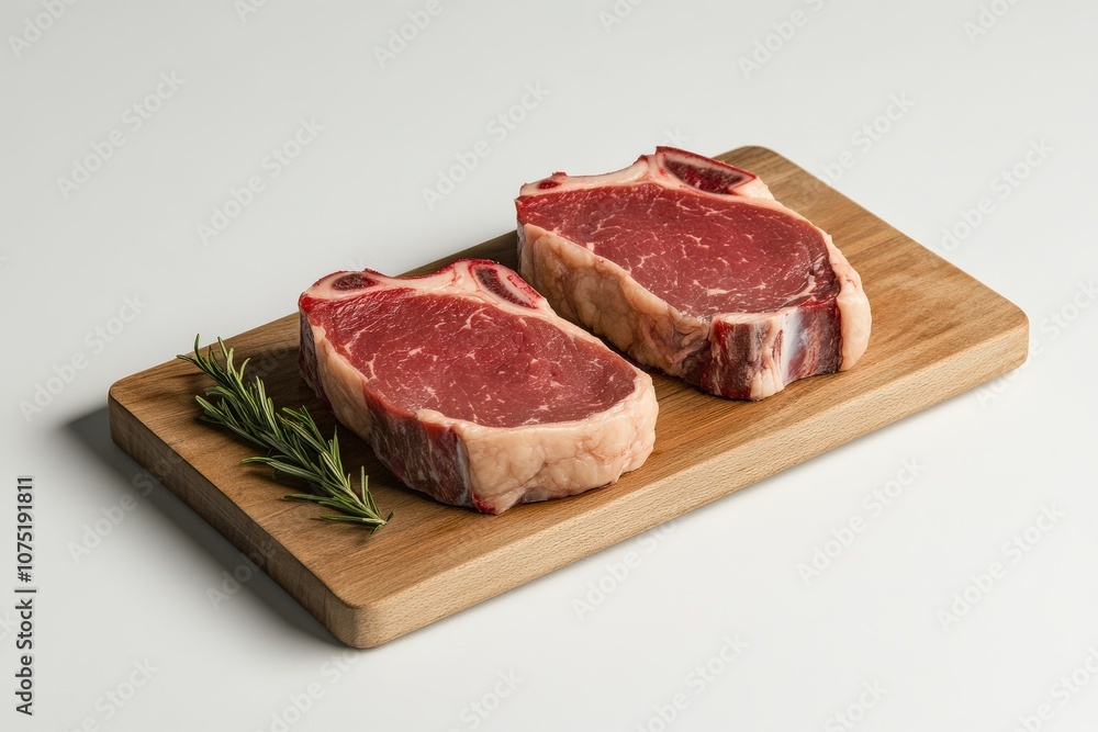 Fresh ribeye steaks on a wooden cutting board, garnished with rosemary, ready for grilling or cooking. Fresh ribeye steaks on a wooden cutting board, garnished with rosemary, ready for grilling or cooking.