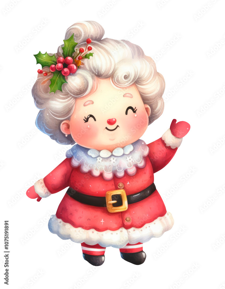 Mrs. Claus with pie isolated on white background. Watercolor. Romantic tradition. Christmas character design Mrs. Claus with pie isolated on white background. Watercolor. Romantic tradition. Christmas character design