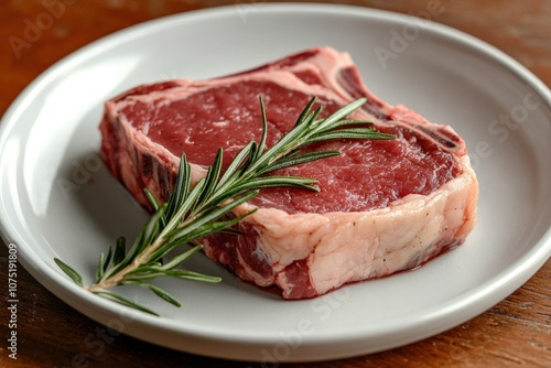 A raw ribeye steak garnished with fresh rosemary sits on a white plate, showcasing its marbled texture and rich color.