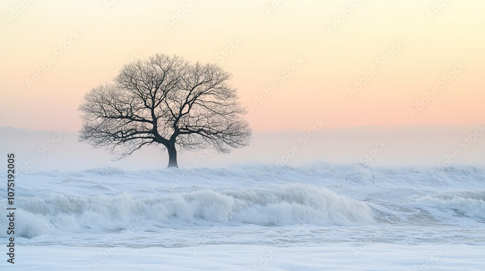 solitary tree stands against serene backdrop of waves and soft pastel colors, evoking sense of tranquility and resilience in nature solitary tree stands against serene backdrop of waves and soft pastel colors, evoking sense of tranquility and resilience in nature